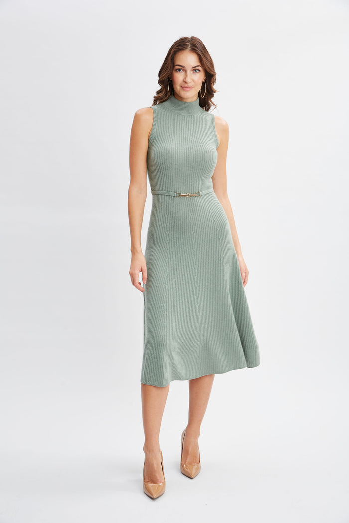 Elie Tahari Sleeveless Cashmere Belted Dress SILVER SPRUCE