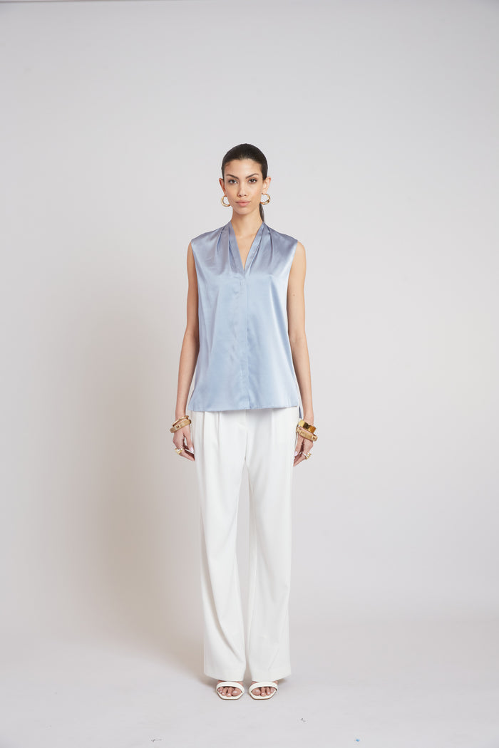Elie Tahari Sleeveless Silk Button Down Shirt BLUE HAZE