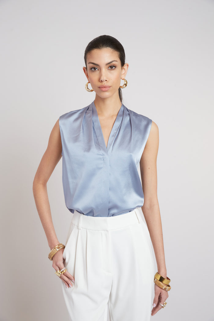 elie tahari Sleeveless Silk Button Down Shirt BLUE HAZE