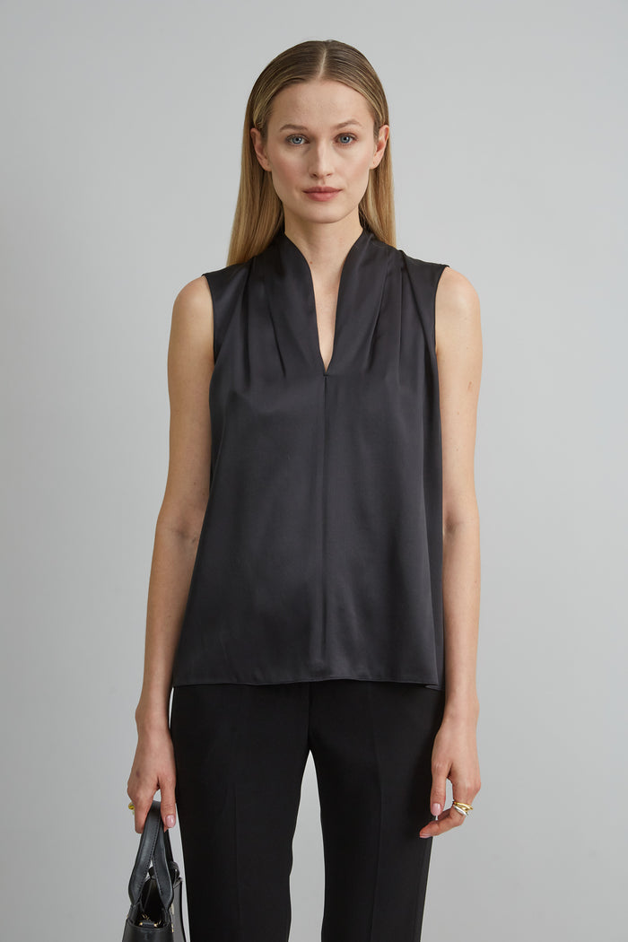 elie tahari Sleeveless Silk Satin Contour Shirt BLACK