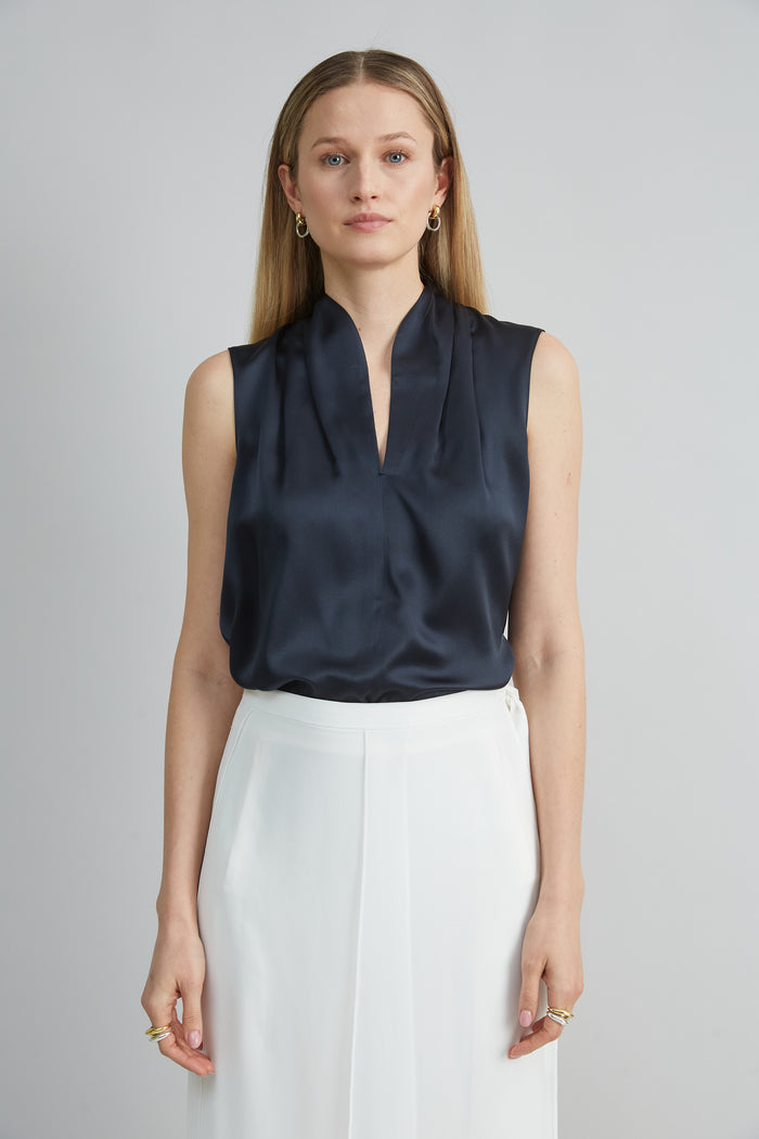 elie tahari Sleeveless Silk Satin Contour Shirt STARGAZER