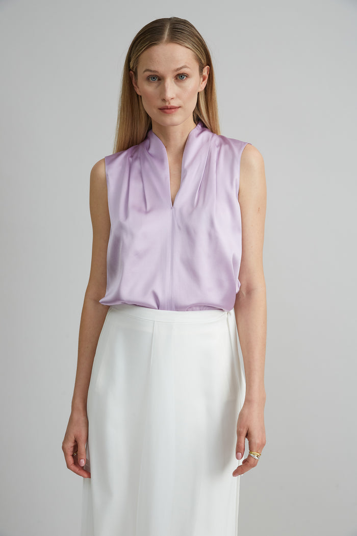 elie tahari Sleeveless Silk Satin Contour Shirt THISTLE