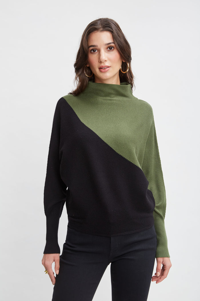 elie tahari T-Tahari Asymmetric Colorblock Sweater BLACK/AUTUMN GREEN