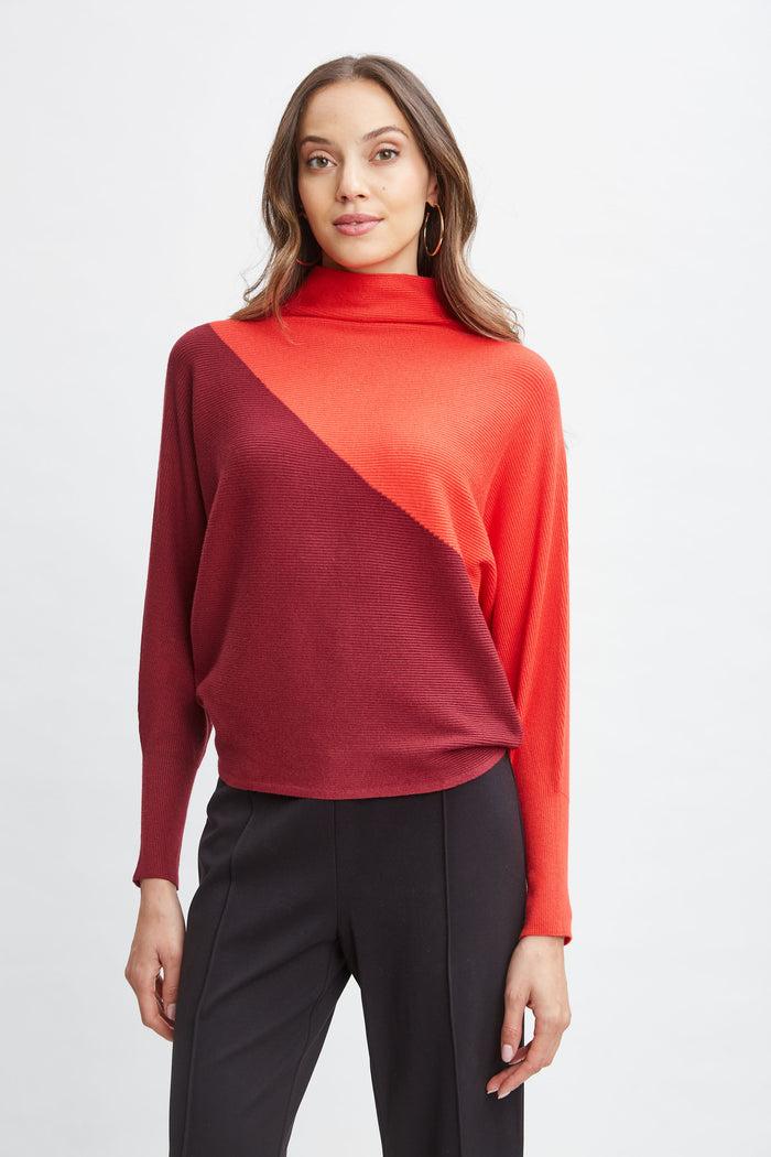 elie tahari T-Tahari Asymmetric Colorblock Sweater BORDEAUX RED/TOMATO
