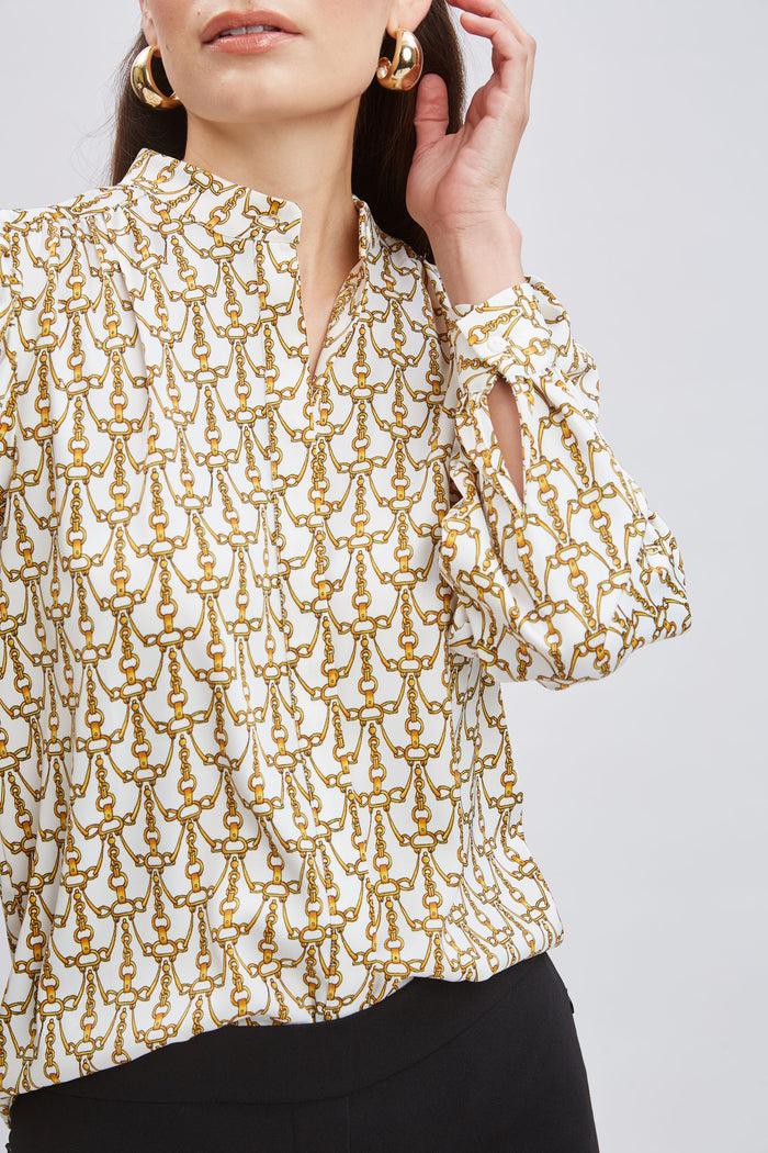 Elie Tahari T-Tahari Chain Print Button Down Shirt EQUESTRIAN CHAIN