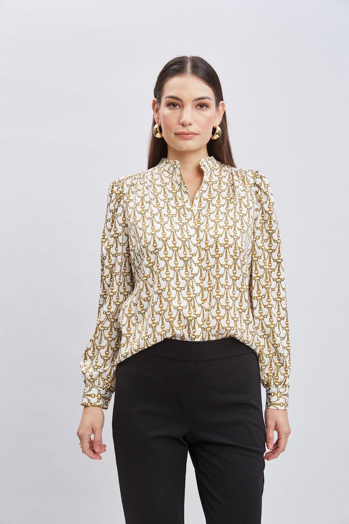 elie tahari T-Tahari Chain Print Button Down Shirt EQUESTRIAN CHAIN