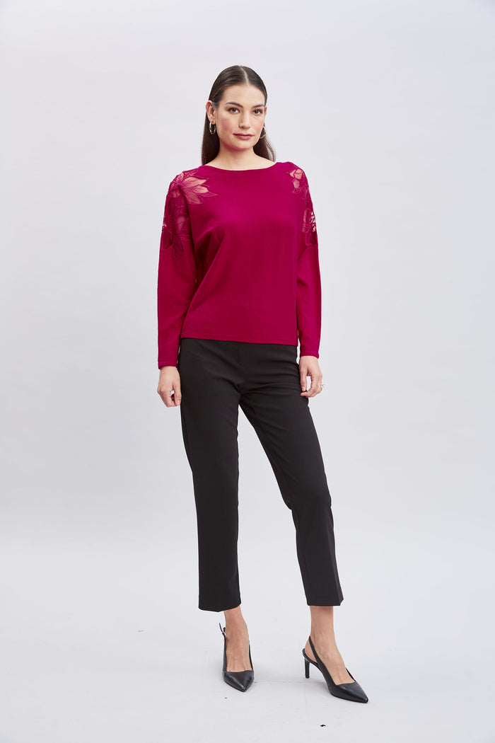 Elie Tahari T-Tahari Chiffon Floral Shoulder Sweater PINK HEART