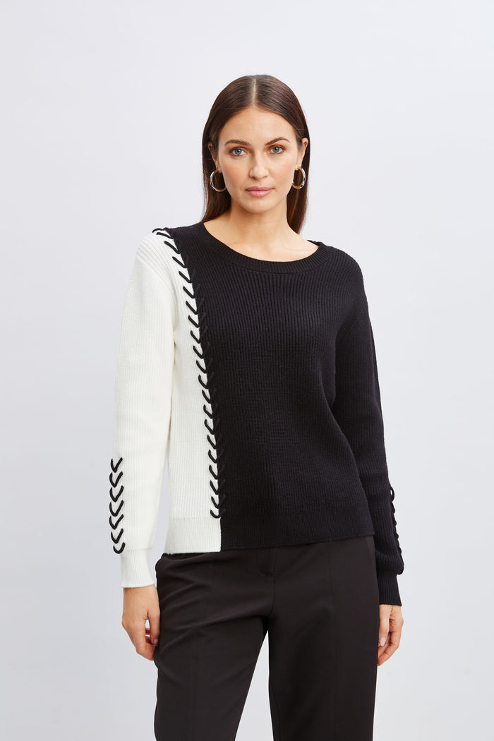 elie tahari T-Tahari Colorblock Stitch Sweater BLACK/WHITE STAR