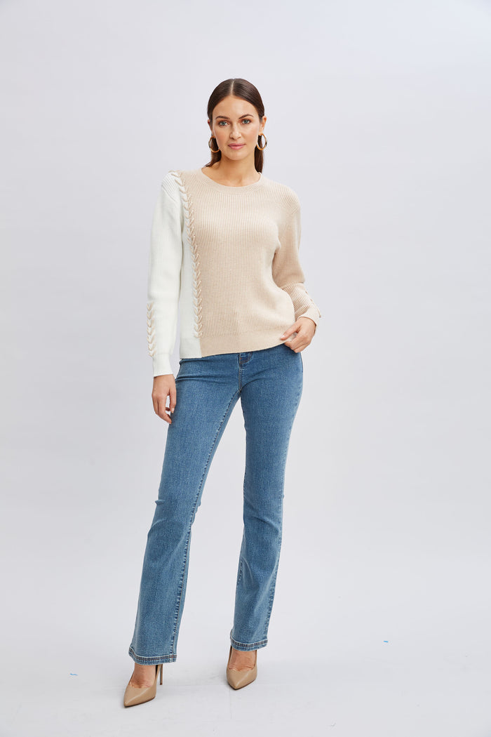 Elie Tahari T-Tahari Colorblock Stitch Sweater SOFT TAN/WHITE STAR