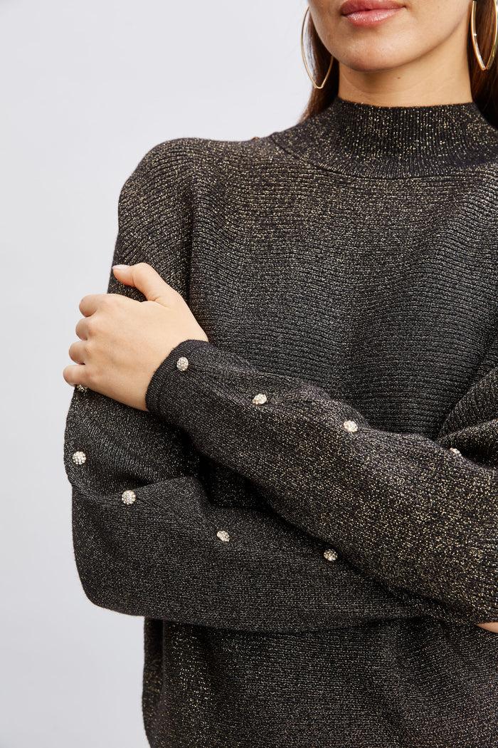 Elie Tahari T-Tahari Crystal Sleeve Metallic Sweater BLACK/GOLD LUREX