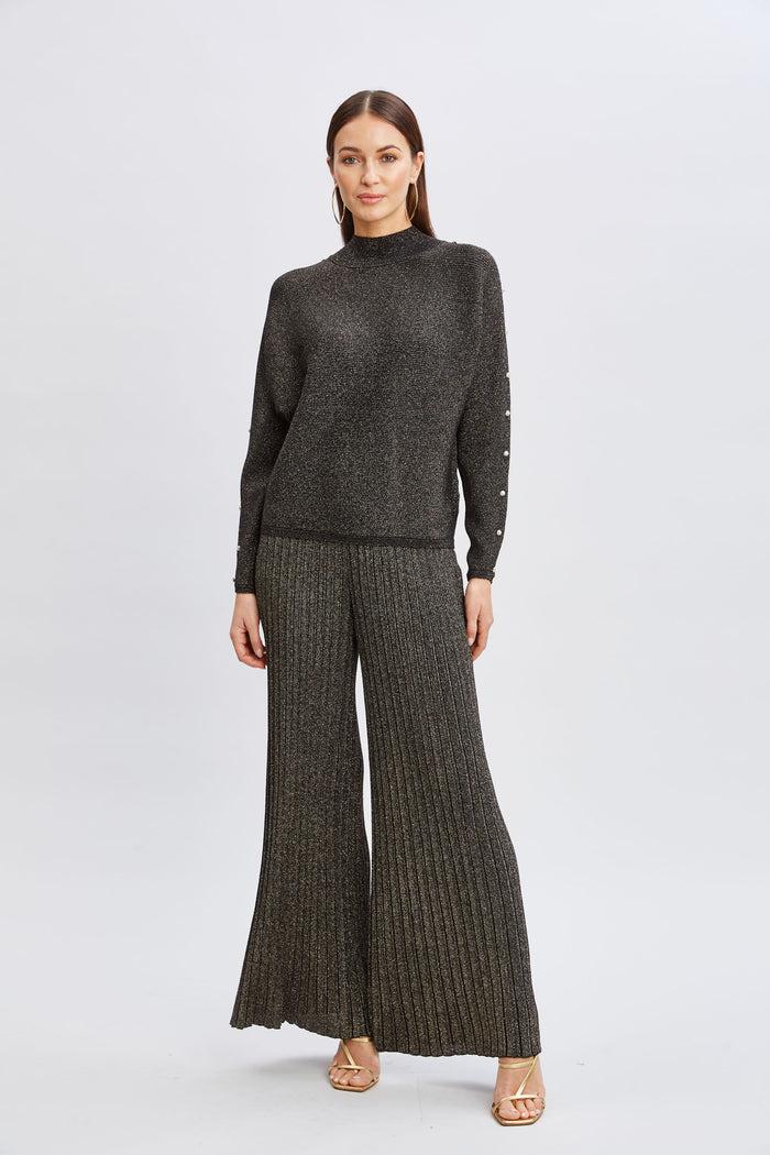Elie Tahari T-Tahari Crystal Sleeve Metallic Sweater BLACK/GOLD LUREX
