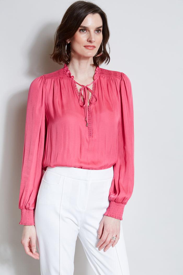 elie tahari T-Tahari Embroidered Keyhole Shirt BOMBAY PINK