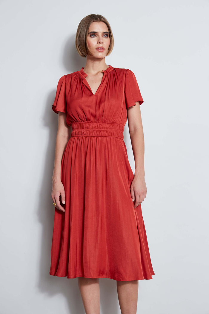 Elie Tahari T-Tahari Flutter Sleeve Midi Dress FIRE BRICK