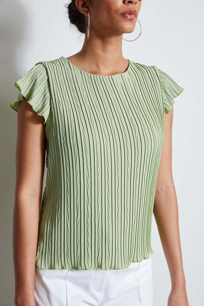 Elie Tahari T-Tahari Flutter Sleeve Plisse Shirt SOFT MOSS