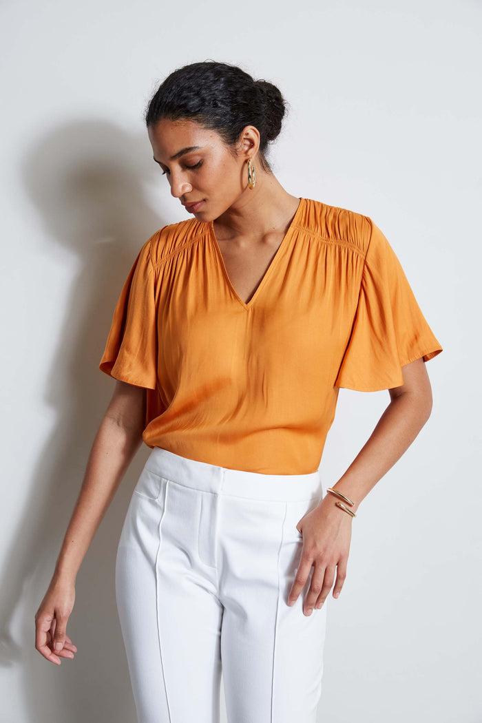 elie tahari T-Tahari Flutter Sleeve Shirt ORANGE BLOSSOM