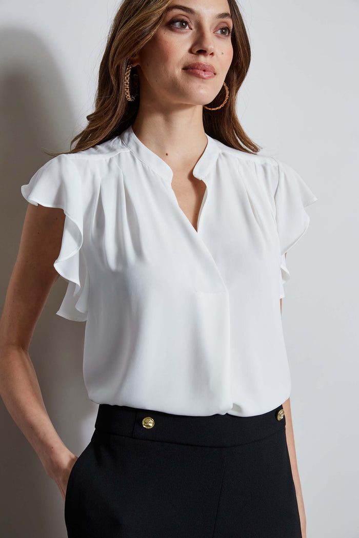 Elie Tahari T-Tahari Flutter Sleeve Shirt WHITE STAR