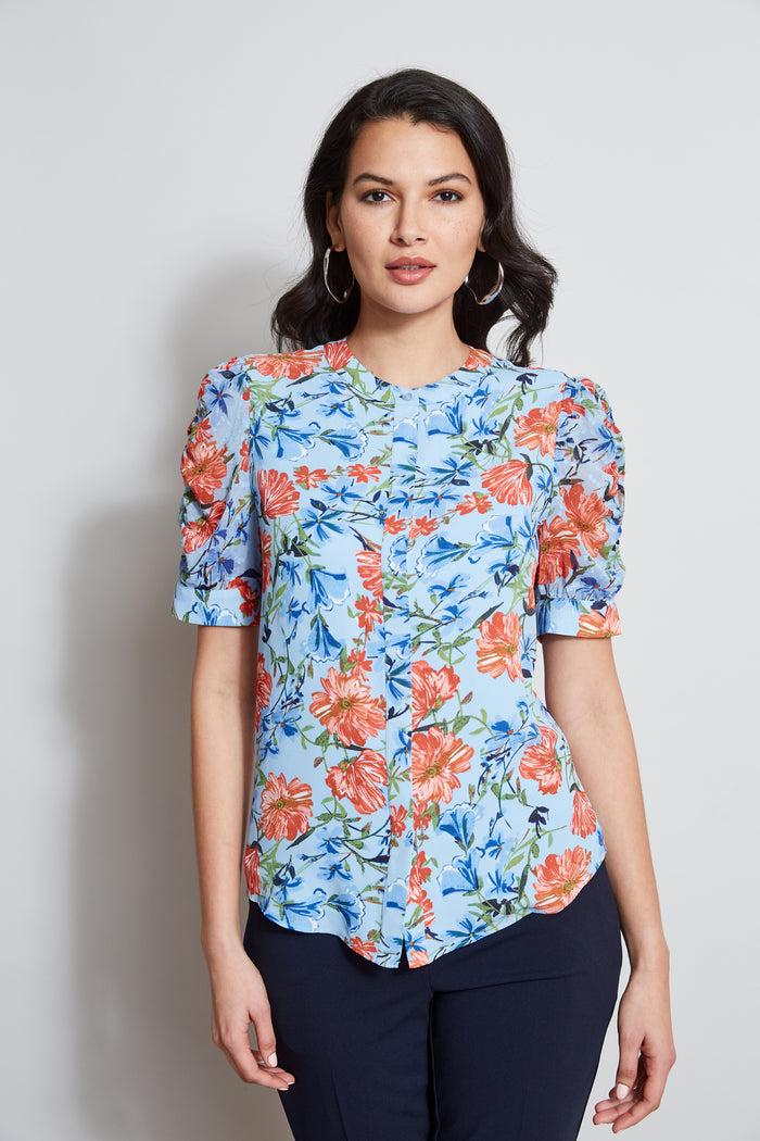 elie tahari T-Tahari Garden Floral Puff Sleeve Shirt WATER GARDEN
