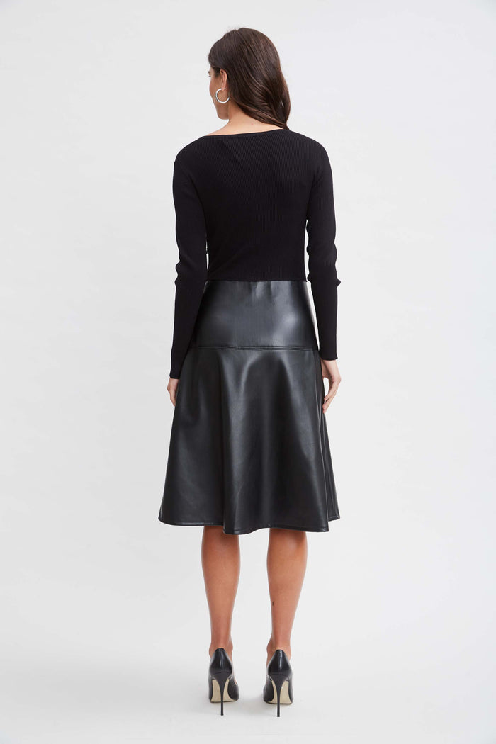 Elie Tahari T-Tahari Knit Vegan Leather Dress BLACK