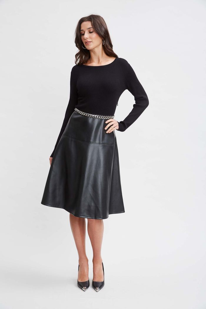 elie tahari T-Tahari Knit Vegan Leather Dress BLACK