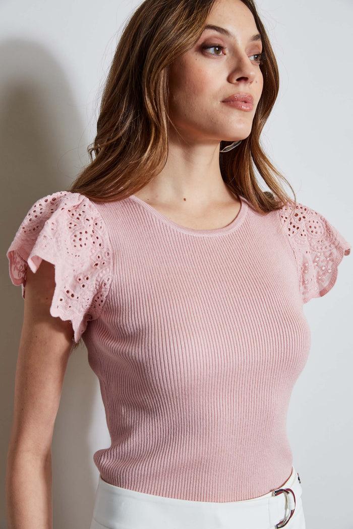 Elie Tahari T-Tahari Lace Sleeve Knit PARADISE ROSE