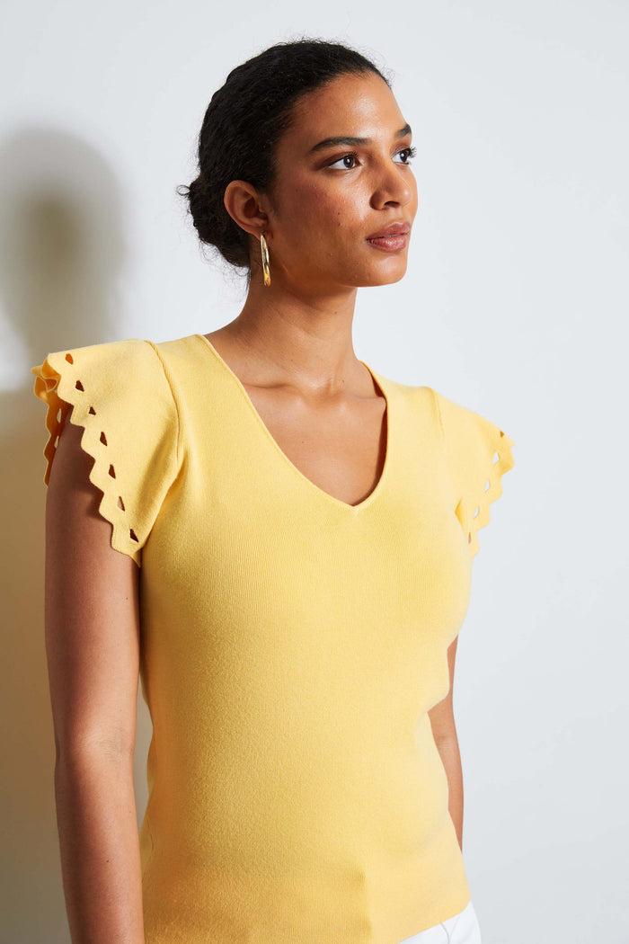Elie Tahari T-Tahari Laser Cut Flutter Sleeve Sweater SUNRISE