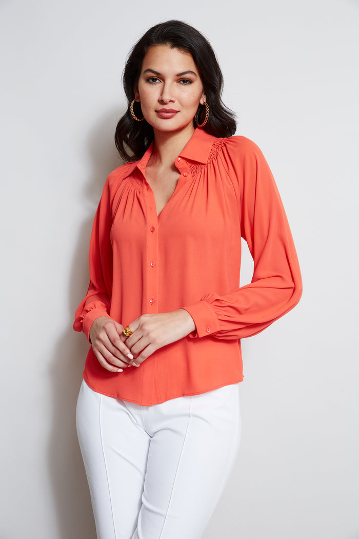 elie tahari T-Tahari Long Sleeve Smocked Button Down Shirt DUTCH TULIP