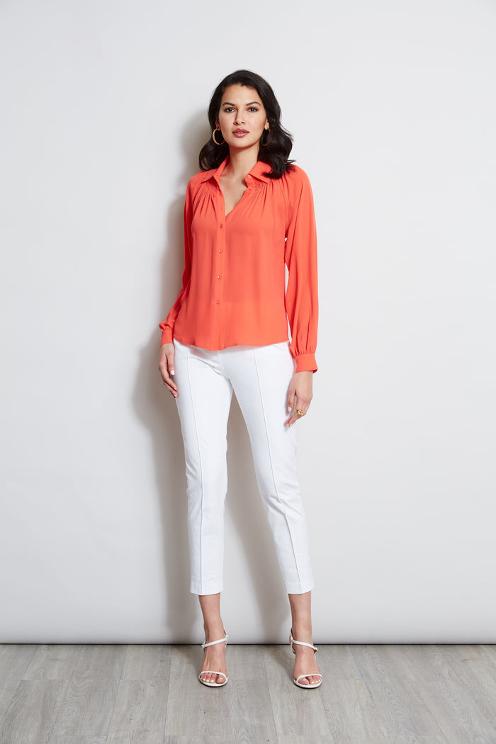 Elie Tahari T-Tahari Long Sleeve Smocked Button Down Shirt DUTCH TULIP