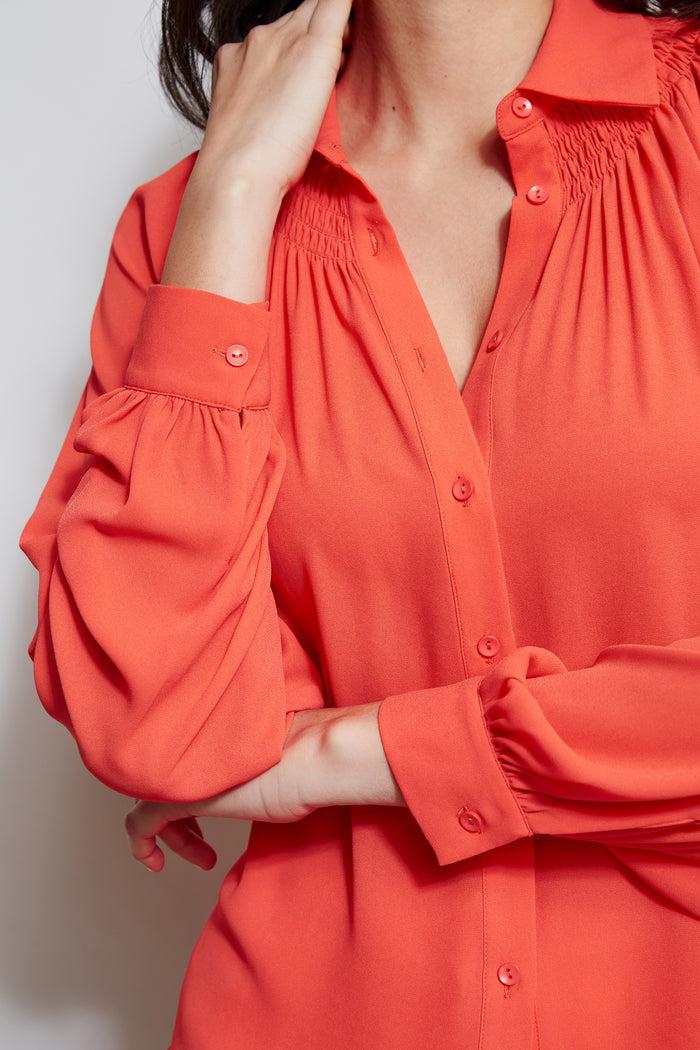 Elie Tahari T-Tahari Long Sleeve Smocked Button Down Shirt DUTCH TULIP