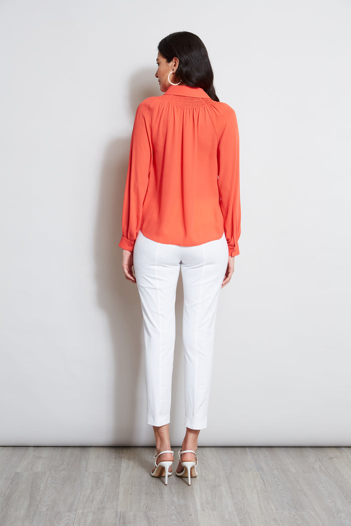 Elie Tahari T-Tahari Long Sleeve Smocked Button Down Shirt DUTCH TULIP