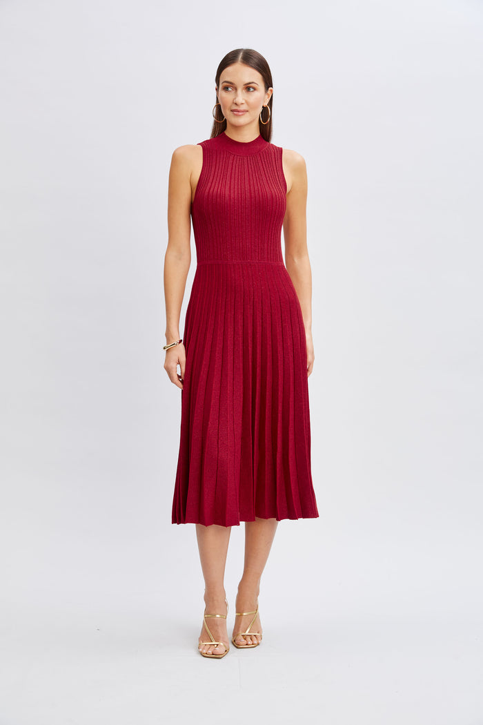 Elie Tahari T-Tahari Metallic Mock Neck Dress BAKED CHERRY/BAKED CHERRY LURX