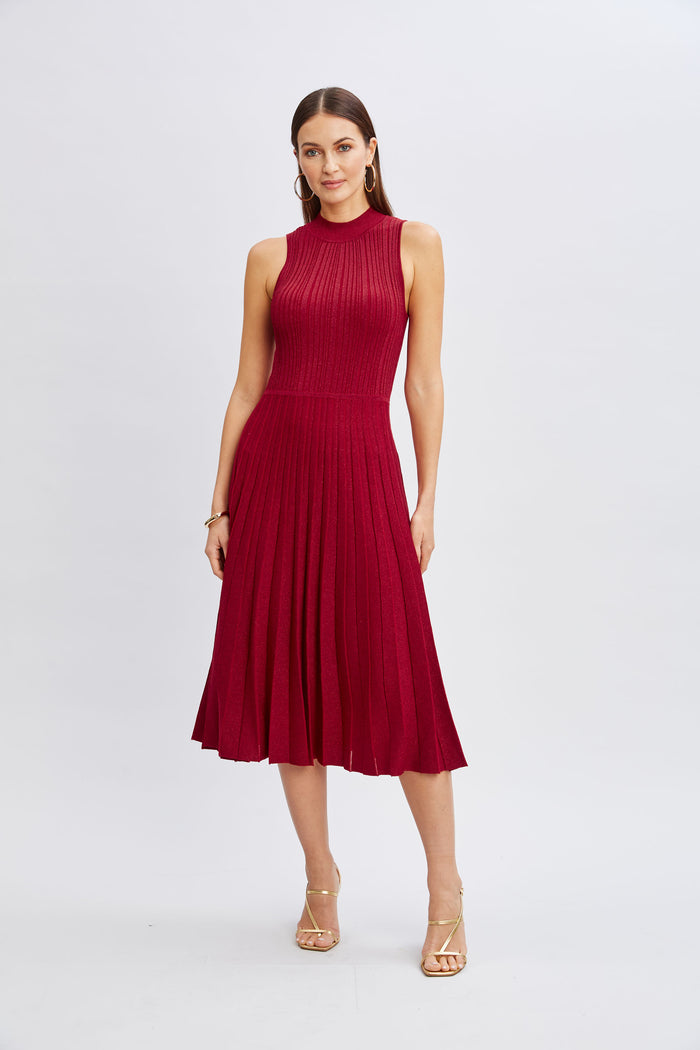 elie tahari T-Tahari Metallic Mock Neck Dress BAKED CHERRY/BAKED CHERRY LURX