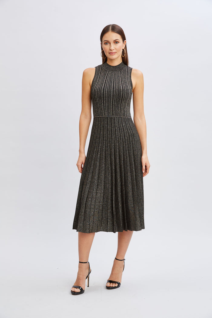 elie tahari T-Tahari Metallic Mock Neck Dress BLACK/GOLD LUREX