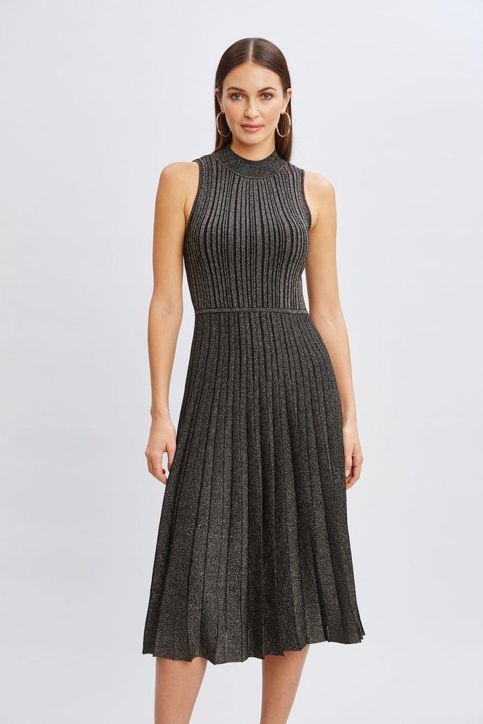 Elie Tahari T-Tahari Metallic Mock Neck Dress BLACK/GOLD LUREX