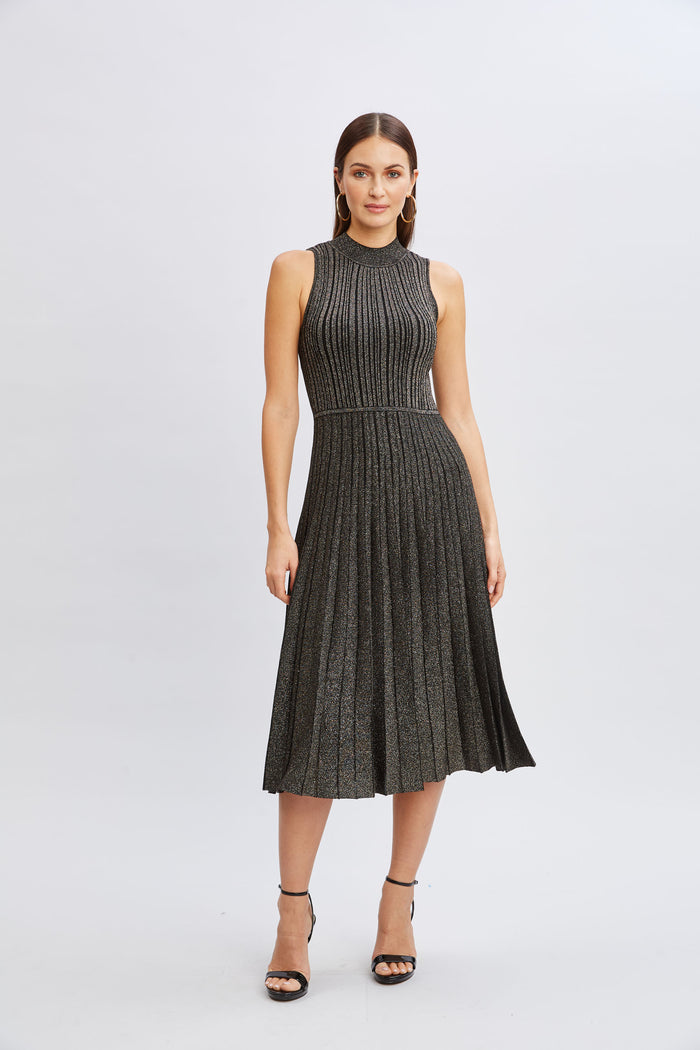 Elie Tahari T-Tahari Metallic Mock Neck Dress BLACK/GOLD LUREX