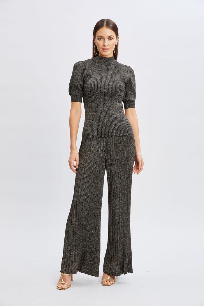 Elie Tahari T-Tahari Metallic Wide Leg Pant BLACK/GOLD LUREX