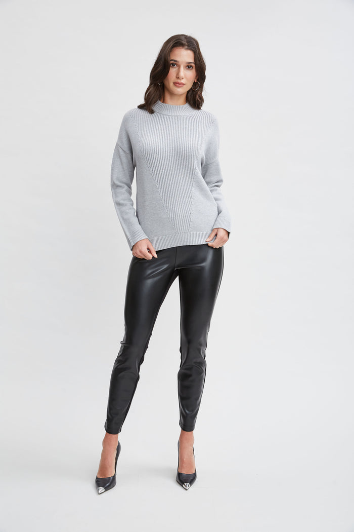 Elie Tahari T-Tahari Mock Neck Rib Sweater MEDIUM GREY HEATHER