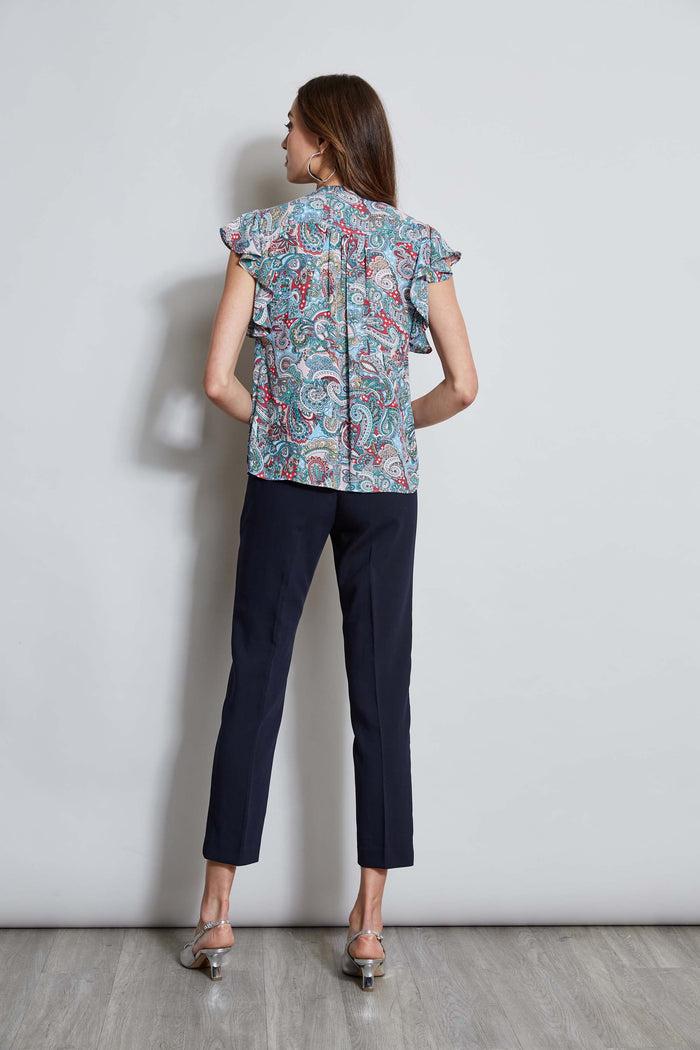 Elie Tahari T-Tahari Paisley Flutter Sleeve Shirt ROYAL PAISLEY PRINT