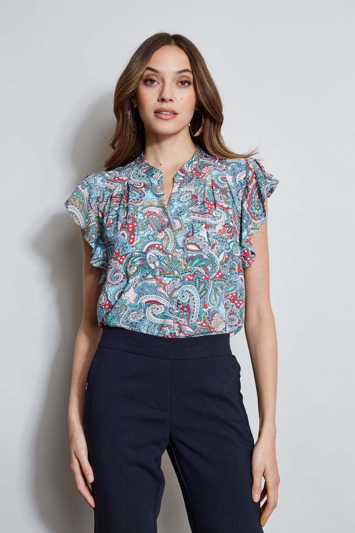 elie tahari T-Tahari Paisley Flutter Sleeve Shirt ROYAL PAISLEY PRINT