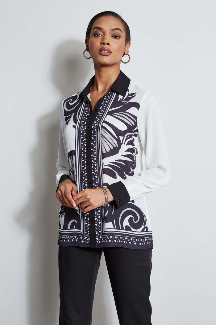 elie tahari T-Tahari Paisley Scarf Print Shirt PAISLEY PRINT (BLACK/WHITE)