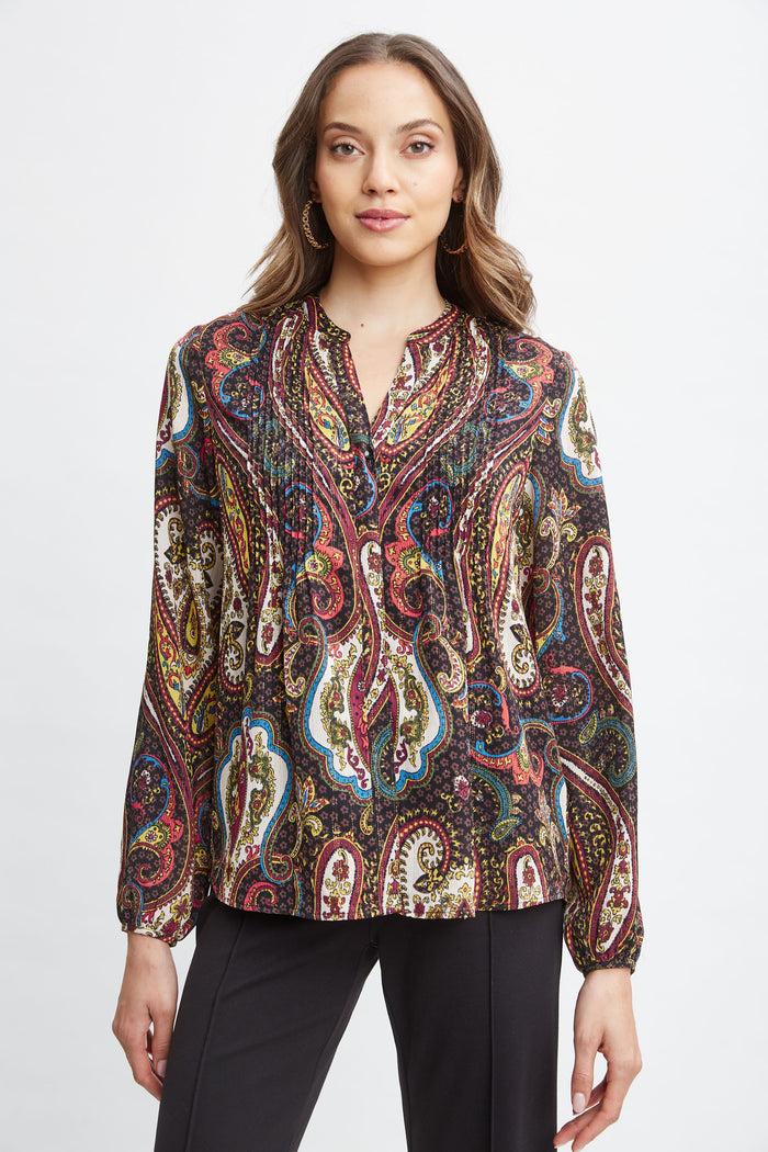 elie tahari T-Tahari Paisley Split Neck Shirt PEACOCK PAISLEY