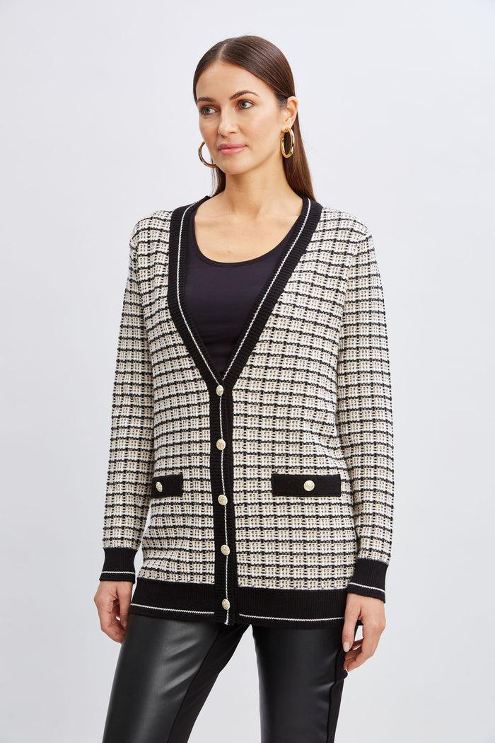 Elie Tahari T-Tahari Plaid Cardigan BLK/WT STR/SF TN HTR/SF TN HTR