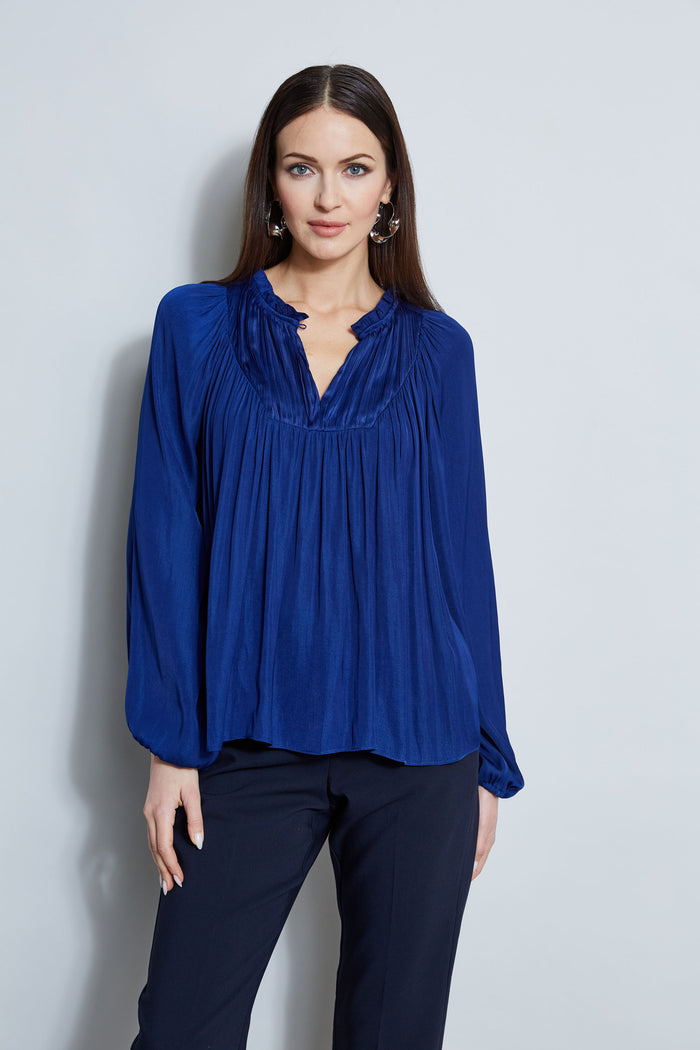 Elie Tahari T-Tahari Pleated Blouson Shirt SYMPHONY BLUE