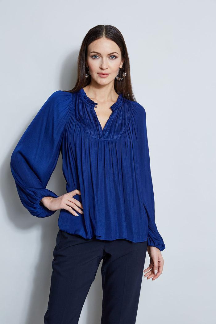 elie tahari T-Tahari Pleated Blouson Shirt SYMPHONY BLUE