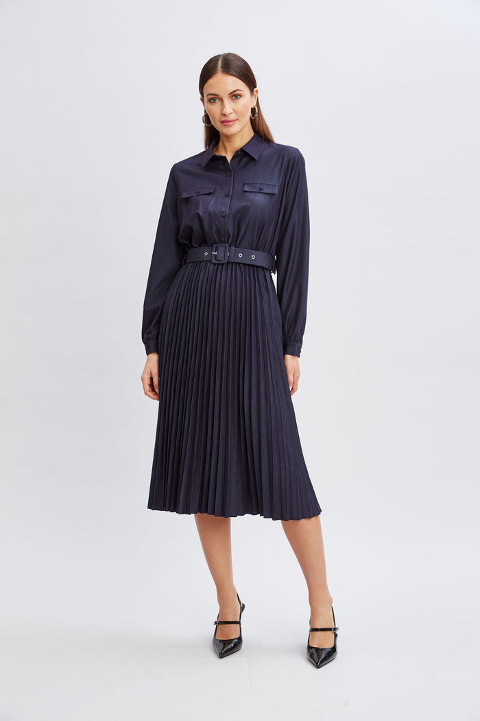 Elie Tahari T-Tahari Pleated Denim Shirt Dress Denim