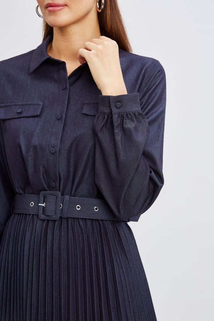 Elie Tahari T-Tahari Pleated Denim Shirt Dress Denim