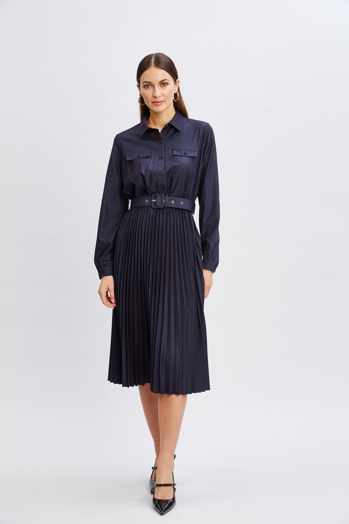 elie tahari T-Tahari Pleated Denim Shirt Dress Denim