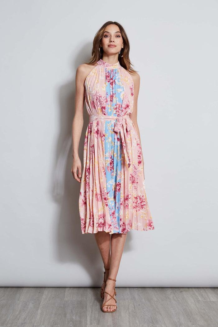 elie tahari T-Tahari Pleated Garden Halter Dress VERSAILLES GARDEN (PINK/BLUE)