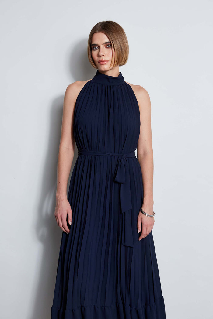 Elie Tahari T-Tahari Pleated Halter Midi Dress NAVY