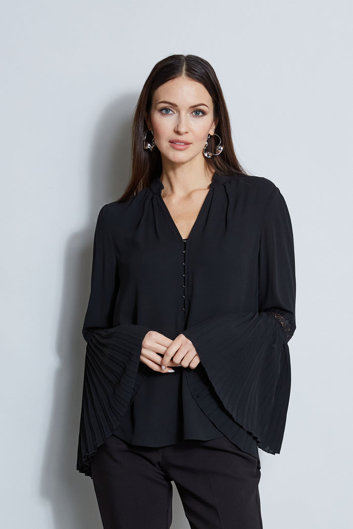 elie tahari T-Tahari Pleated Lace Sleeve Shirt BLACK/BLACK