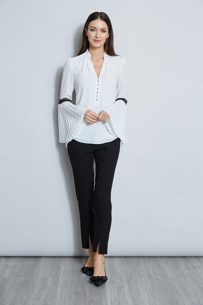 Elie Tahari T-Tahari Pleated Lace Sleeve Shirt WHITE STAR/BLACK